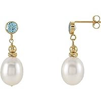 14k Yellow Gold Pearl and Swiss Blue Topaz Freshwater Cultured Pearl And Swiss Blue Topaz Earrings Jewelry for Women