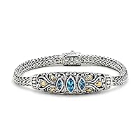 Sterling Silver 925 and 18Kt Yellow Gold Bracelet with Balinese Flower Motive and Blue Topaz Sky Stone for Women and Father's Day Jewelry Gift, Spring Lock with 925 18K Stamp