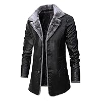 Leather Jacket Men's Long Solid Color Men's Streetwear Fleece Casual Men's Clothing Pocket-Breasted Leather PU Jacket,Black,XL
