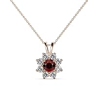 TriJewel Red Garnet Diamond 5/8 ctw Women Floral Halo Pendant Necklace 18 Inches Chain 14K Gold