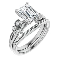 Moissanite Star Sterling Silver Genuine Moissanite Engagement Ring, Ethically, Authentically & Organically Sourced 1 CT Emerald Cut, Moissanite Diamond Rings, Wedding Ring Set