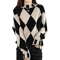 Women' Sweater Half Turtleneck Autumn/Winter Patchwork Rhombus Check Pullover Knitted Top Female Clothing