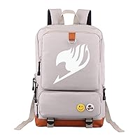 Fairy Tail Anime Laptop Backpack Book Bag Work Bag Leather Splicing Rucksack with Pinback Buttons Light Grey /1