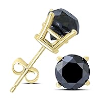 Round Black Diamond Solitaire Stud Earrings in 10K Yellow Gold