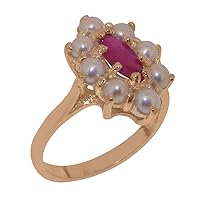Solid 14k Rose Gold Natural Ruby & Cultured Pearl Womens Cluster Ring - Sizes 4 to 12 Available