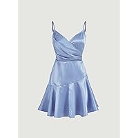Dresses for Women - Surplice Neck Ruched Ruffle Hem Satin Cami Dress (Color : Blue, Size : Large)