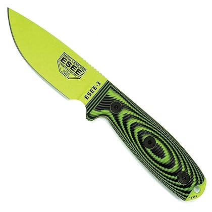 ESEE-3 1095 Carbon Steel, Black Sheath (Venom Green Blade, Neon Green/Black G-10 3D Handle)