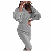Fall Dresses for Women Midi Knit Dresses Lantern Sleeve Round Neck High Waist Solid Color Long Sleeve Bodycon Dress