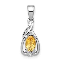 925 Sterling Silver Polished Rhodium Plated Diamond and Citrine Oval Pendant Necklace Jewelry for Women