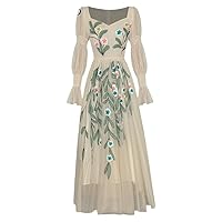 Floral Embroidery Mesh Dress for Women Autumn Party Elegant Square Collar Midi Dresses Long Sleeve