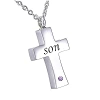 misyou Customized Stainless Steel Memorial February Birthstone Pendant Cremation Cross Pendant Keepsake Necklace （Son）