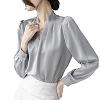 Women V-Neck Blouses Autumn Satin Solid Color Casual Tops Long Sleeve Oversize Pullover Blouses