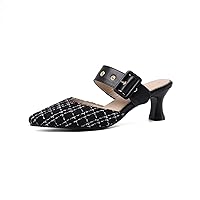 Womens Kitten Heels Plaid Mules Pointy Toe Low Heels Slide Sandals with Straps Dress Clog Pumps Dressy
