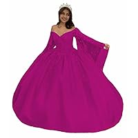 Women's Off Shoulder Lace Applique Sweet 16 Quinceanera Dress with Trumpet Sleeves Ball Gowns Tulle