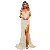 Women's Mermaid Sequins Prom Dresses Long 2024 Off The Shoulder Evening Party Gowns Pageant Dress with Slit
