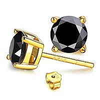 JiangXin Round Black Onyx 925 Sterling Silver Stud Earring 18K Gold Plated Men Women Boy Girl Unisex Jewelry