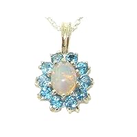 Ladies Solid 925 Sterling Silver Ornate Natural Opal & Blue Topaz Oval Pendant Necklace