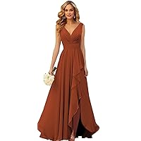 V-Neck Chiffon Ruffle Long Bridesmaid Dress with Slit Ruched A Line Formal Dresses Evening Gowns