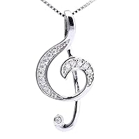 Solid Sterling Silver stone set Treble Clef Musical Pendant & Sterling Silver Chain Necklace