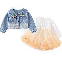 Peacolate 2-7Years Spring Autumn Little Big Girl 2pcs Dresses Clothing Sets Long Sleeve Dress and Strawberry Denim Jacket(White,7years)