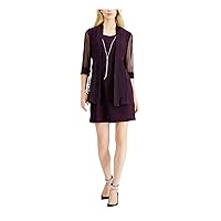 R&M Richards Womens Purple Stretch Textured Glitter 3/4 Sleeve Open Front Wear to Work Blazer Jacket Petites 10P