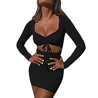 SHESEEWORLD Women's Sexy Bodycon Long Sleeve Square Neck Cut Out Ruched Drawstring Mini Club Party Dresses