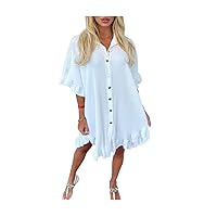 Womens Frill Short Sleeve Crinkle Swing Dress Button Down Collar Shirt Summer Dress