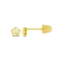 14K Yellow Gold High Polished Mini Flower Hat Screw Back Stud Earring