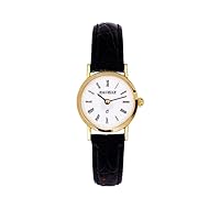 9ct Gold Ladies Wristwatch with Roman Numerals - Black Leather Strap - Presentation Box