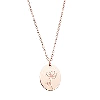 Birth Flower Necklace Stainless Steel Oval Floral Pendant Necklaces Birthday Gift for Her Flower Girl Gift Bridesmaid Jewelry Rose Gold