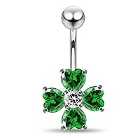Fancy Clover Leaf Flower 925 Sterling Silver with Stainless Steel Belly Button Navel Rings