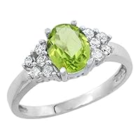 10K White Gold Natural Peridot Ring Oval 8x6mm Diamond Accent, sizes 5-10