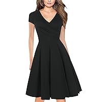 A Mazon Com, Spring Short Dresses for Women 2024, Womens Sleeve V Neck Pleated Waistband Large Hem Slim Fit Dress (L, Black)