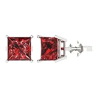 4.0 ct Brilliant Princess Cut Solitaire VVS1 Natural Red Garnet Pair of Stud Earrings Solid 18K White Gold Push Back