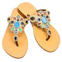 Pasha Handmade Genuine Leather Flat Multi-Color Rhinestone Sandals with Gold Leather Straps for Women