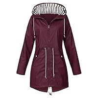Waterproof Rain Jacket for Women Lightweight Adjustable Drawstring Waist Windbreaker Zip Up Hooded Pockets Raincoat