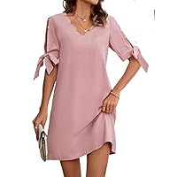 Wedding Guest Dress Scallop Trim Knot Cuff Pearls Beaded Split Sleeve Dress (Color : Pink, Size : Large)