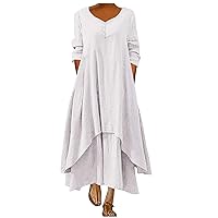Womens Cotton Linen Button Maxi Tank Dress Flowy High-Low Layered Summer Beach Casual Loose A-Line Dresses Pockers