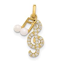 5.2mm 14k Gold Polished CZ Cubic Zirconia Simulated Diamond and Freshwater Cultured Pearl Music Notes Pendant Necklace Jewelry for Women