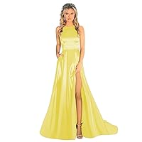 Women Halter Prom Dresses High Slit Long Criss-Cross Back Satin Formal Evening Party Gown with Pockets