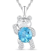 Oval Cut Created Blue Topaz & 0.05 CT Diamond Cute Teddy Bear Pendant Necklace 14k White Gold Over