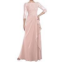 Mother of The Bride Dresses for Wedding Chiffon Lace Applique Beaded Formal Dress with 3/4 Sleeve Ruffles MK24