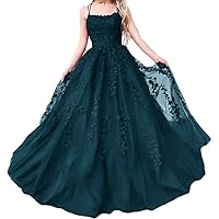 2022 Applique Lace Prom Dresses Long Spaghetti Strap A Line Tulle Junior Party Gown