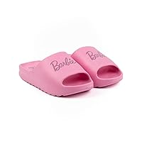 Barbie Womens Sliders | Pink Moulded Ridge Bottom Sandals For Ladies | Fashion Doll Classic Logo Beachwear & Summer Pool Shoes | Slip-on Footwear Movie Merchandise Gift for Adults