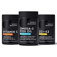 Sports Research 1250 mg Omega 3 Burpless Fish Oil - Wild Alaskan Pollock - (90 Count), High Potency Vegan Vitamin C 1000mg (240 Count) + Vegan 5000iu Vitamin D with 100mcg Mk7 Vitamin K (60 Count)