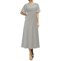 Mother Dresses Tea Length - Chiffon Beaded Neck Wedding Guest Formal Dress with Sleeves