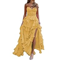 Strapless Layered Prom Dresses Chiffon Formal Evening Gowns with Slit Ruffle Corset Sweetheart Party Dress