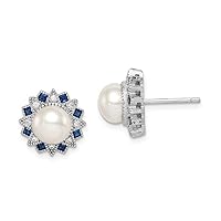 925 Sterling Silver Rh Plated Freshwater Cultured Pearl Syn. Blue Spinel and CZ Cubic Zirconia Simulated Diamond Earrings M Measures 11.9x11.9mm Wide Jewelry for Women