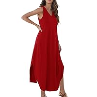 Maxi Dresses for Women 2024 Solid Color Simple Casual Fashion Loose Fit with Sleeveless V Neck Slit Dress