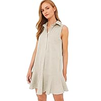 Women's Sleeveless Shirt Dress Summer Collared Button Down Ruffle Hem Tank Mini Dress